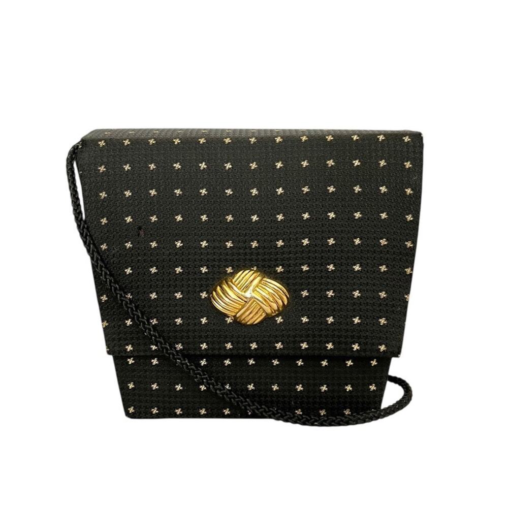 Vintage Whiting & Davis Black Jacquard Gold Dotted Box Convertible Evening Bag